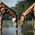 AI generated image of two giraffes drinking water in jungle Royalty Free Stock Photo