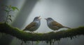 AI Generated image of AI-Generated two gray-cheeked fulvettas perched on a mossy branch singing Royalty Free Stock Photo