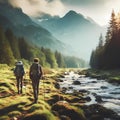 Two hikers in a majestic mountain landscape