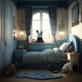 Blue design boy room with french windows and cream interrior walls