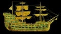 A golden pirate ship with green elements illustration on a black background