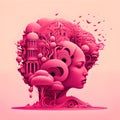 Surreal woman head with buildings and trees on