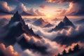 AI-generated image unfolds into a stunning digital depiction of a mountainous sunset scene with pathways