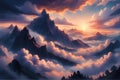 image unfolds into a stunning digital depiction of a mountainous sunset scene