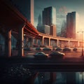 ai generated image of urban city with overpass bridge busy traffic