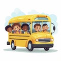 AI generated image, vector illustration. Group of smiling children on a yellow school bus,