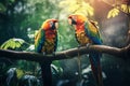 Vibrant parrots perched in the rainforest canopy realistic tropical background