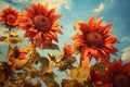 vintage sunflowers garden, spring time, landscape