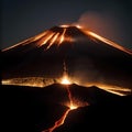 AI generated image of volcanic lava erupting from the craters of a mountain and flowing down the slopes