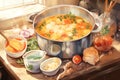 Warm and comforting soup preparation self care background