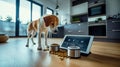 on a tablet displaying a selection of dishes, a dog selects one by pressing on it with his paw