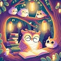 Enchanted Treetop Library: Owls and Glow-worms Illuminate a Whimsical Nocturnal Scene