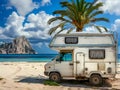 AI-Generated image of A white camper van is parked on a beach next to the ocean Royalty Free Stock Photo