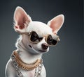 Ai generated image of a white chihuahua wearing a sunglasses and chains on an isolated background