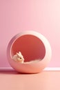 AI generated image. White Easter bunny laying inside the egg-shaped rabbit house.