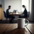 AI-Generated Image of White Mug in Focus with Two Individuals Working in the Background Royalty Free Stock Photo