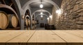 Ai generated image of a wine cellar with oak barrels and arched ceiling Royalty Free Stock Photo