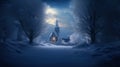 Winter landscape. Church in the forest at night Royalty Free Stock Photo