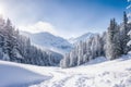 Winter wonderland and tranquil mountain landscape in frozen forest