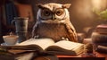 A wise owl reading a novel Generative AI Royalty Free Stock Photo