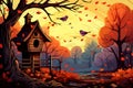 Wooden birdhouse vector fall background