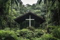 Wooden christian chapel and cross in the forest