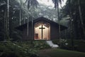 Wooden christian chapel and cross in the forest