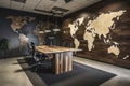 Wooden conference room interior with world map on wall. Missionary work