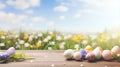 wooden floor with easter eggs and blurred spring meadow background easter holiday theme banner, for Royalty Free Stock Photo