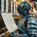 AI-generated Image: "Robot Reading Chinese Script Scrolls." Royalty Free Stock Photo