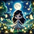 Enchanted Moonlight Garden with a Playful Young Girl and Luminous Butterflies Royalty Free Stock Photo