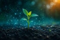 AI generated image of a young green seedling sprouting from rich soil surrounded by glowing digital particles symbolizing life Royalty Free Stock Photo