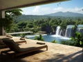 3d rendering living room near from waterfall forest