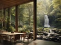 3d rendering living room near from waterfall forest