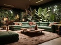 3d rendering living room near from waterfall forest