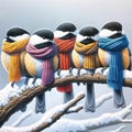 Five Chickadees On A Snow Covered Branch Wearing Colorful Scarves AI Generated Royalty Free Stock Photo