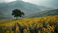 AI generated images, large sea of sunflowers, very dense, beautiful sky, Royalty Free Stock Photo