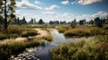 shot of a Prairie Wetland Landscape, incorporating wetland plants, boardwalks, and aquatic features by AI generated