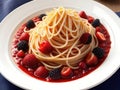 Incompatible foods in a dish. Pasta with strawberries and berries. AI Generated.