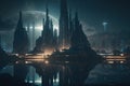 Ai generated incredible world, future city surreal buildings at night with light