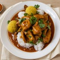 AI generated Indian cuisine consisting of yellow and white rice alongwith spicy chicken curry