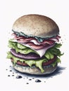 Hamburger on a white background. Hand-drawn illustration style. AI generated