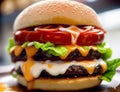 Close-up of Tasty Cheeseburger with Tomato, Cheese, and Lettuce - AI generated Royalty Free Stock Photo