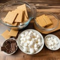 AI generated ingredients for cooking S'mores at home. Sweet dessert with chocolate and marshmallows. Selective focus