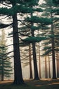 Inside Pine Tree Forest Coniferous Trees. Royalty Free Stock Photo