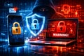 Hacker Targeting Mobile And Laptop Devices With Cyber Security Warning Screens Royalty Free Stock Photo