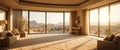 Serene Luxury Desert View Living Space With Warm Golden Light And Panoramic Floor To Ceiling Windows Royalty Free Stock Photo