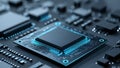 Intricate microchip circuit board illuminated by blue lights