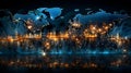 World map and city lights on dark background