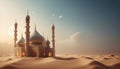 islamic architecture mosque in the desert with cloudy and starry blue sky on background with crescent moon Royalty Free Stock Photo